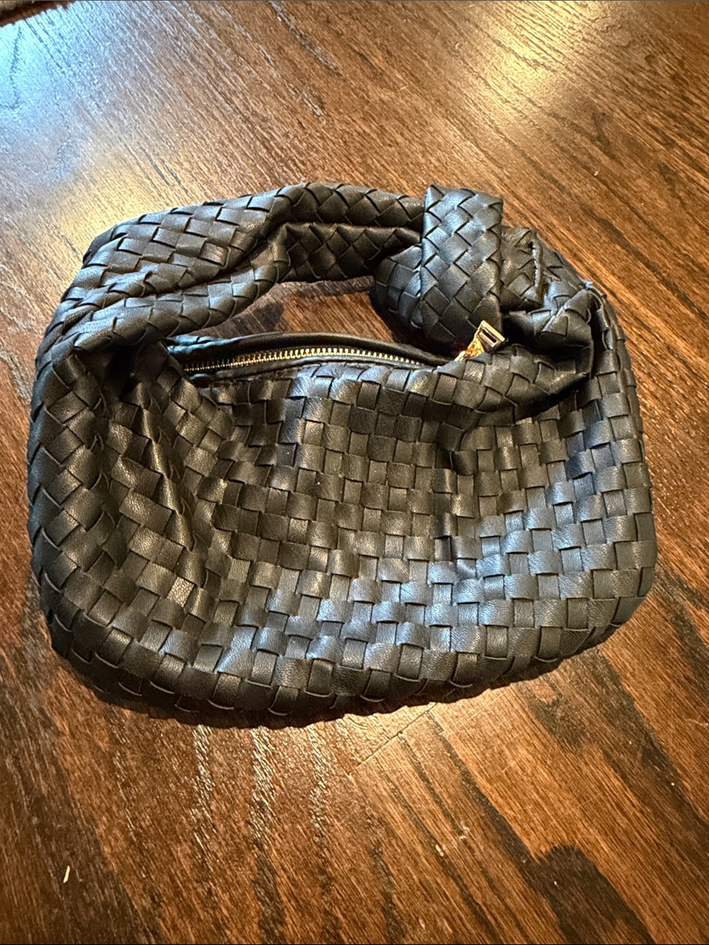 Woven Black Shoulder Clutch with Knotted Handle